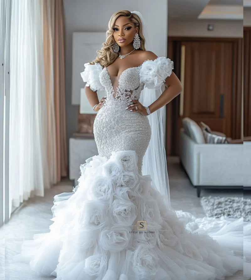 Romantic Wedding Dresses African Girls 2025 Exquisite Handmade-Flower Crystals Applique Long Party Gowns Women Luxury Customized