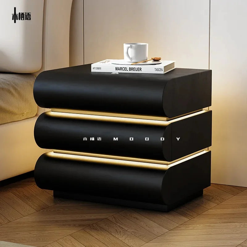360° Rotating Bedside Table with Light - Modern Smart Leather Nightstand for Room Storage and Hierarchical Organization