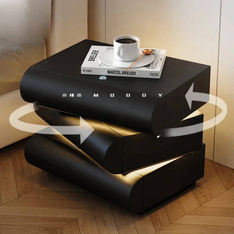 360° Rotating Bedside Table with Light - Modern Smart Leather Nightstand for Room Storage and Hierarchical Organization