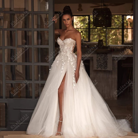 Gorgeous Wedding Dresses A Line Tulle Tiered Bridal Gowns Sexy Strapless Backless Robes Glamorous Vestidos De Novia Customized
