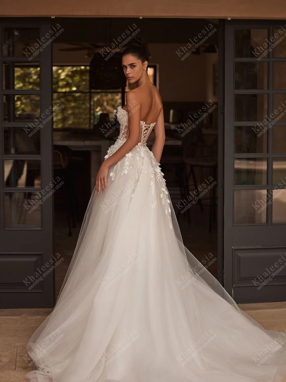 Gorgeous Wedding Dresses A Line Tulle Tiered Bridal Gowns Sexy Strapless Backless Robes Glamorous Vestidos De Novia Customized