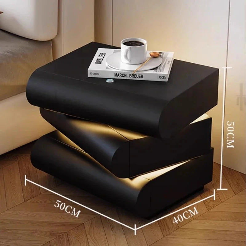 360° Rotating Bedside Table with Light - Modern Smart Leather Nightstand for Room Storage and Hierarchical Organization