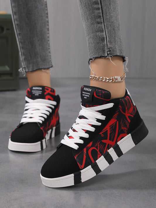 Women's Trendy Random Graffiti Design Front Lace-Up Personalized High-Top Sneakers, Daily Comfortable and Casual Outdoor Travel Street Hiking Sneakers