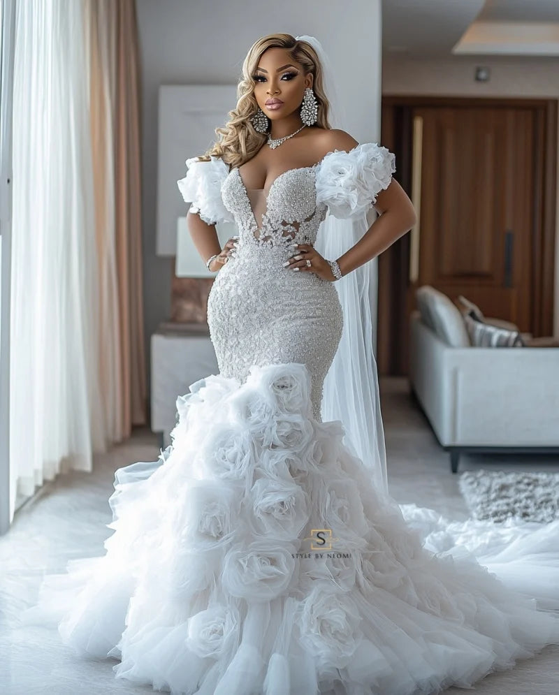 Romantic Wedding Dresses African Girls 2025 Exquisite Handmade-Flower Crystals Applique Long Party Gowns Women Luxury Customized