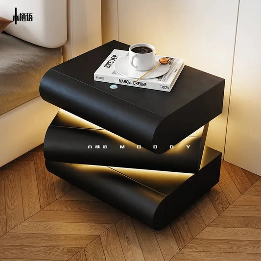 360° Rotating Bedside Table with Light - Modern Smart Leather Nightstand for Room Storage and Hierarchical Organization